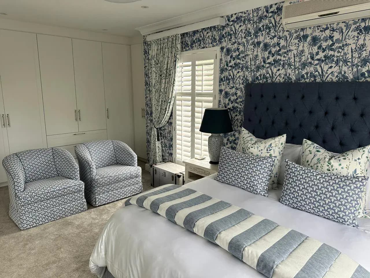 Bedroom furniture: Bedroom pieces, headboard direction and soft furniture choices planned around the room.