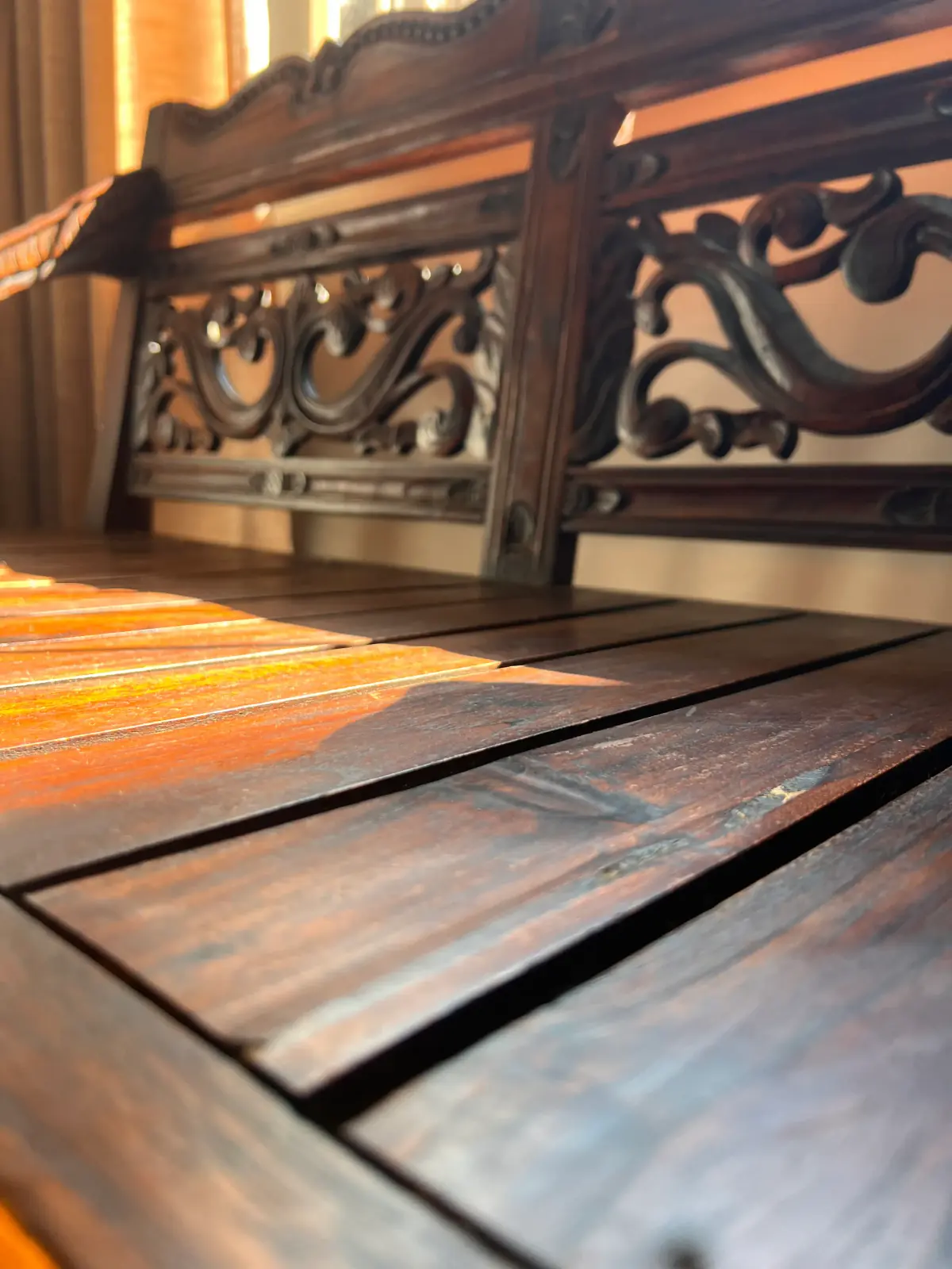Wood finishes: Wood tones and finish direction chosen to sit properly with wall units, furniture and the rest of the room.