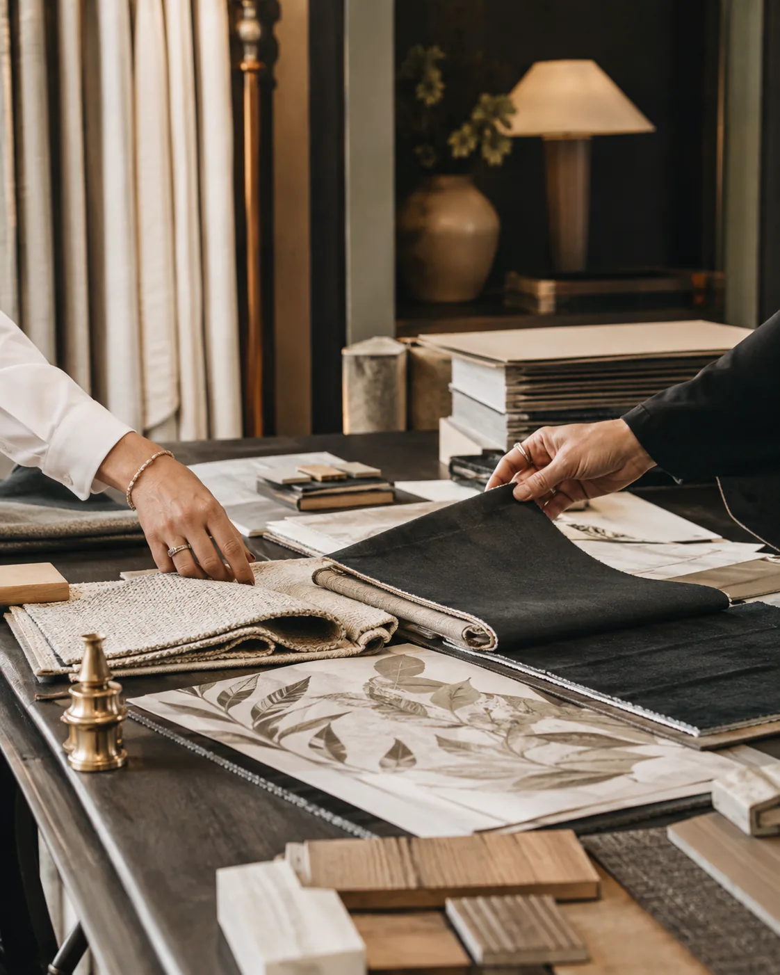 Hands comparing fabric, wallpaper and finish samples on a showroom worktable.