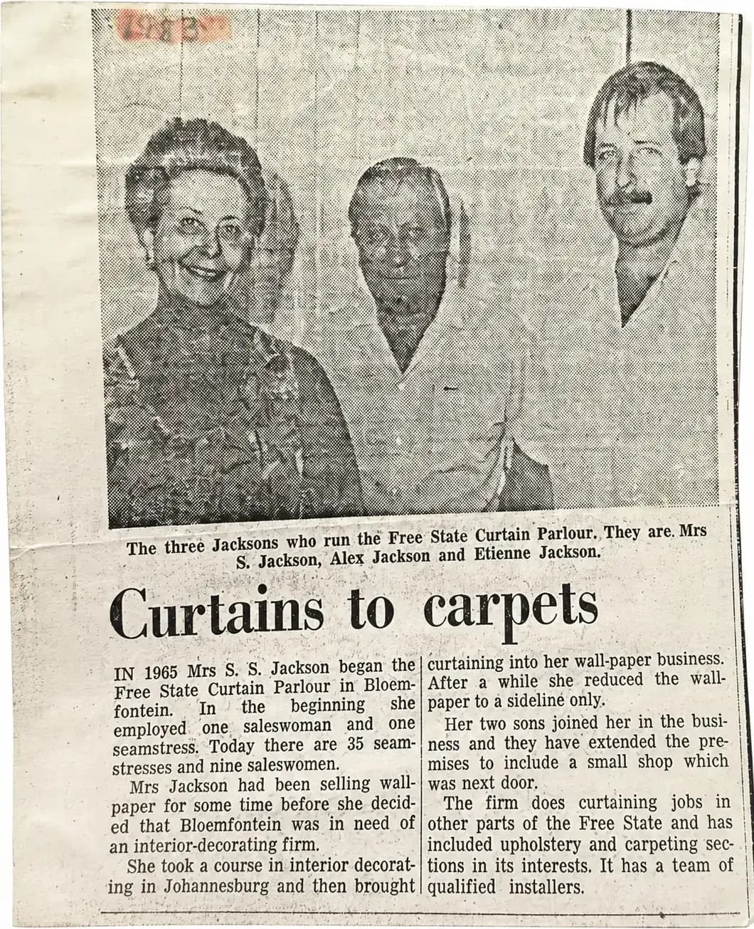 Historic Curtains to carpets newspaper article about Free State Curtain Parlour