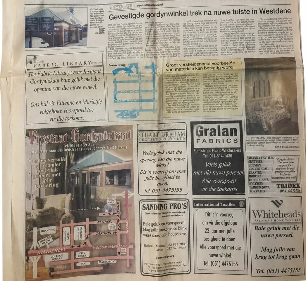 Historic newspaper feature about Free State Curtain Parlour moving to its Westdene showroom